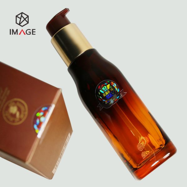 transparent holographic sticker is affixed to cosmetic bottle body and package seal
