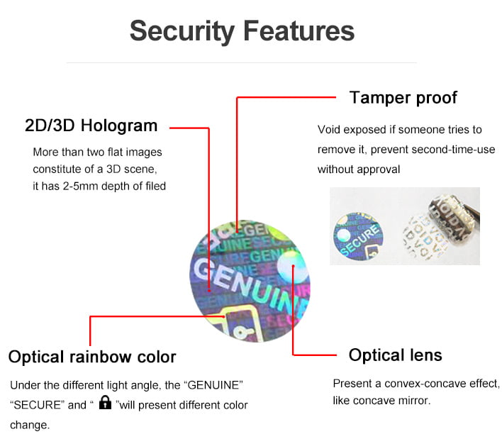 four security elements that the small size genuine secure hologram sticker applied