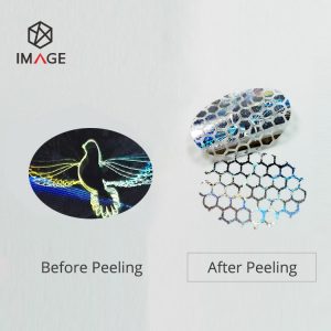 oval shape hologram sticker effect before and after peeling