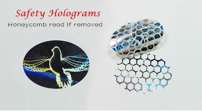 oval shaped hologram sticker, honeycomb pattern read if removed
