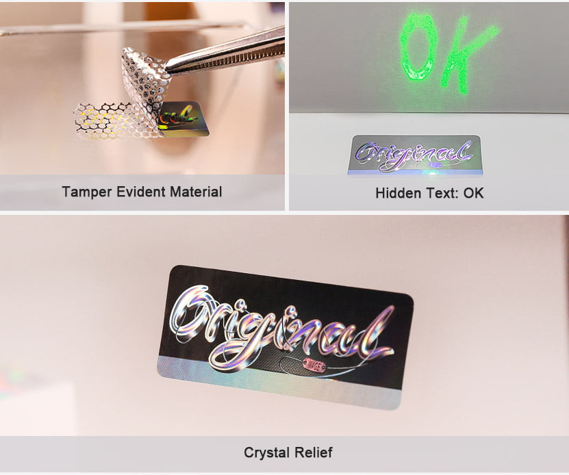 rectangle shape hologram sticker with hidden text, crystal relief and tamper proof features