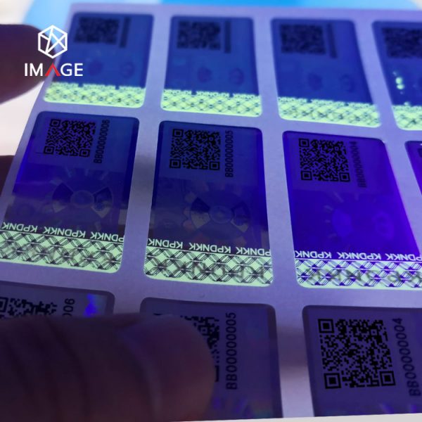 QR code serial number holographic label with UV ink printing.