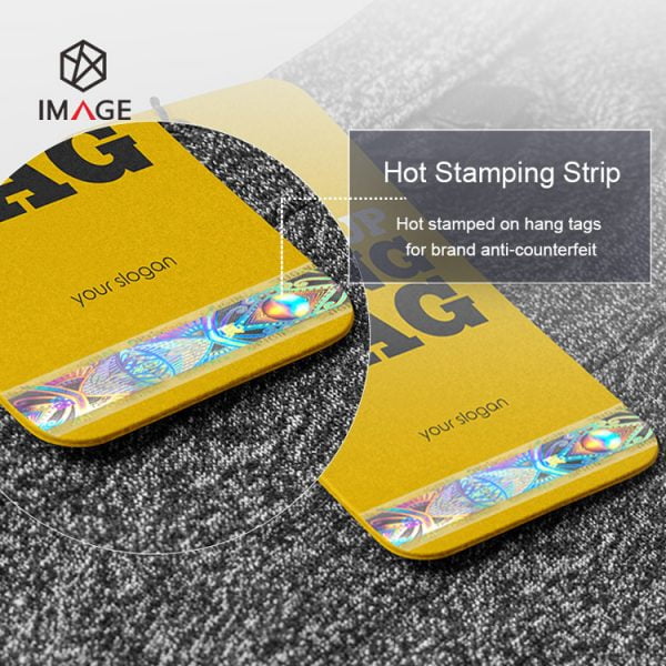 Apply holographic strip to hang tags by hot stamping technology