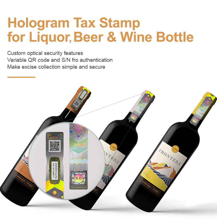 Holographic tax stamps for various alcoholic products such as beer, wine, liquor, etc