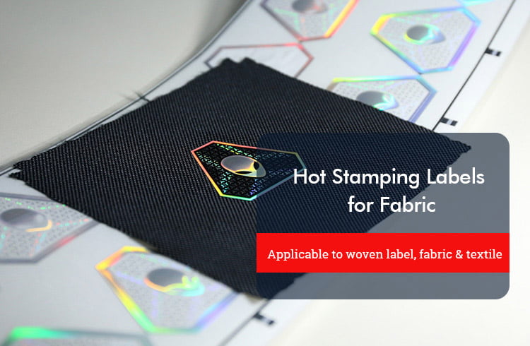 hologram foil stickers, hot stamp onto woven label & fabric