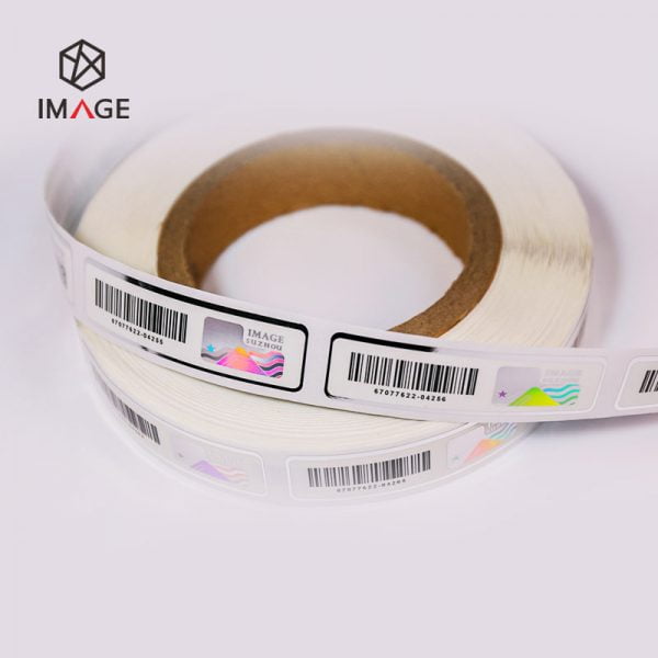 holographic barcode sticker with shiny appearance