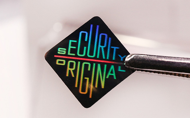 square holographic sticker with 3d word