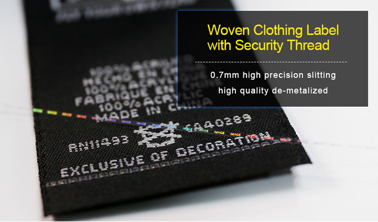 woven clothing label with 0.7mm security thread