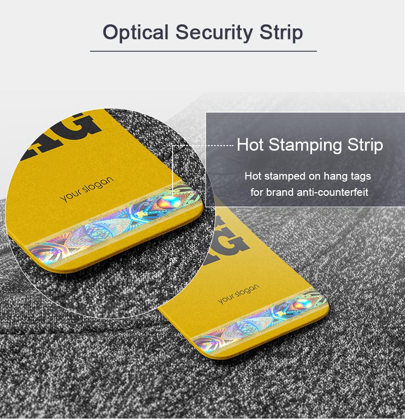 hot stamped optical security strip onto paper hang tags