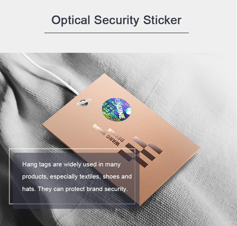 the optical security sticker is affixed to paper clothing hang tags
