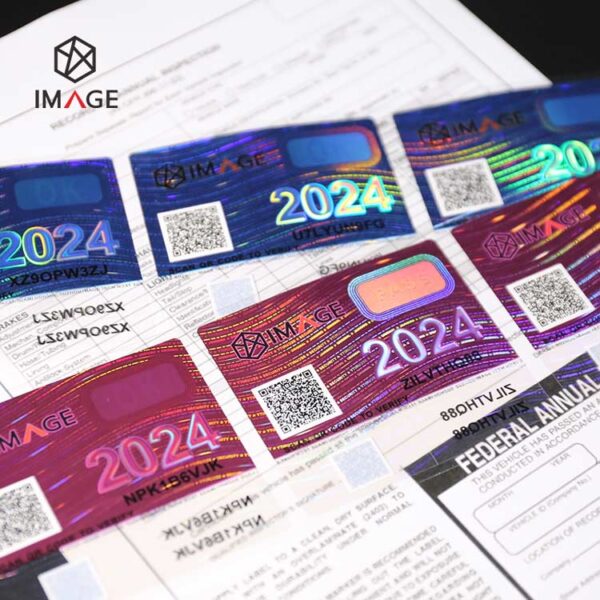 annual vehicle inspection label with custom hologram logo and personalized printing