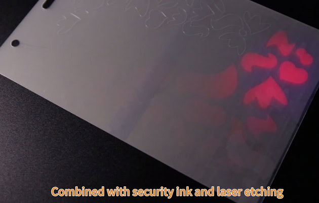 overt and covert optical security features (UV ink and laser etching)