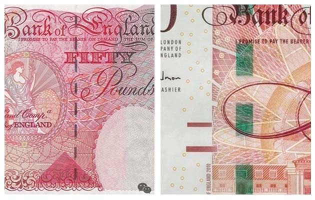 Window security thread used on the £50 note