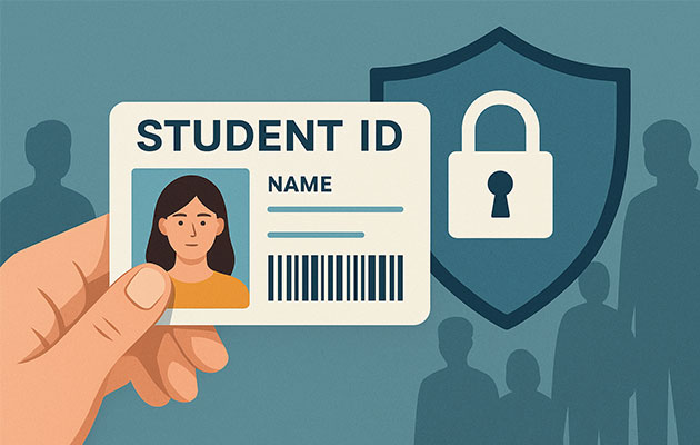 Illustration of a student ID card and security shield representing the importance of preventing fake campus cards