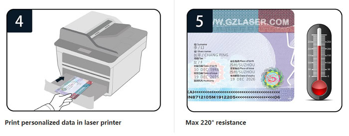 after hot stamping, the documents are placed in a laser printer for personalized printing, with a maximum temperature resistance of 220 degrees