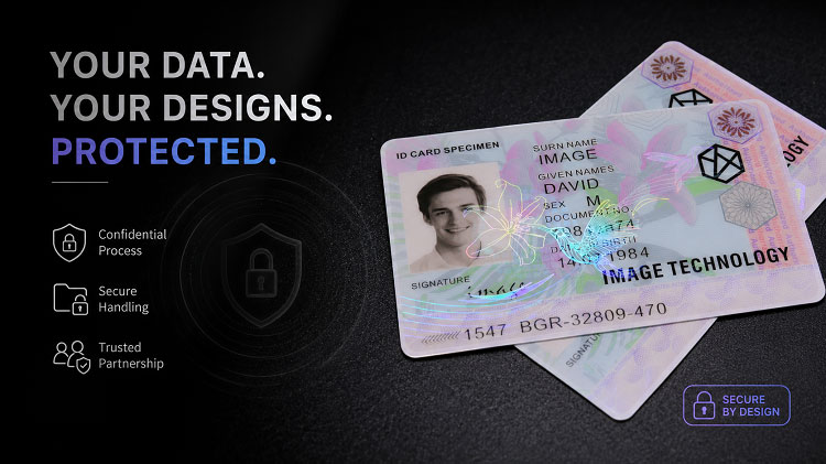 Printed ID cards with holographic ID overlays showing pre-printed design and personalized information