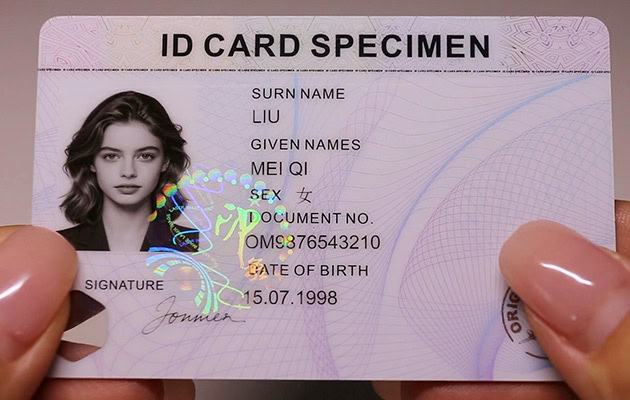 PC ID card sample with laser personalization and embedded holographic security feature in polycarbonate layers